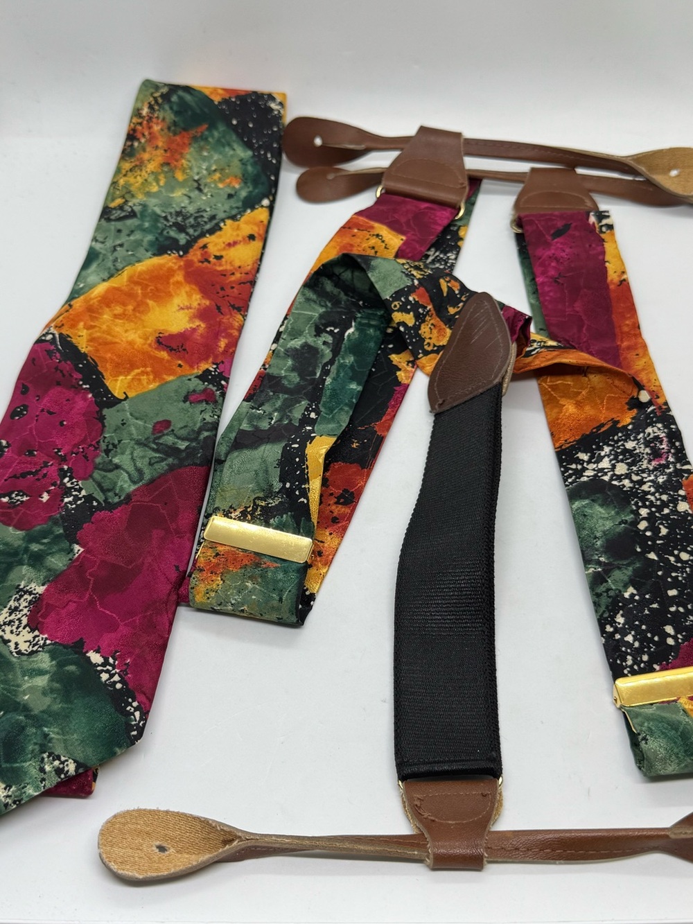 Vintage 80s Enrico Capucci Abstract Tie & Suspenders Set Italy Artwear